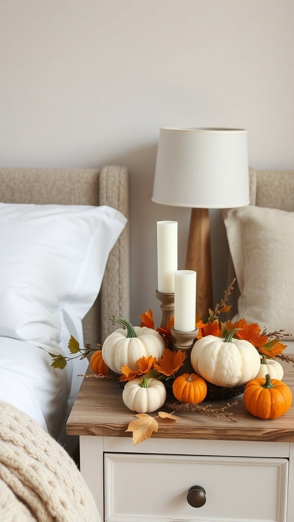A cozy bedroom nightstand decorated with small pumpkins, autumn leaves, and candles.