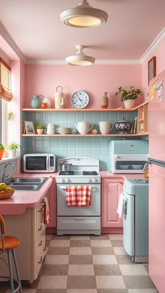 A vintage retro kitchen featuring pink walls, open shelving, and pastel appliances.
