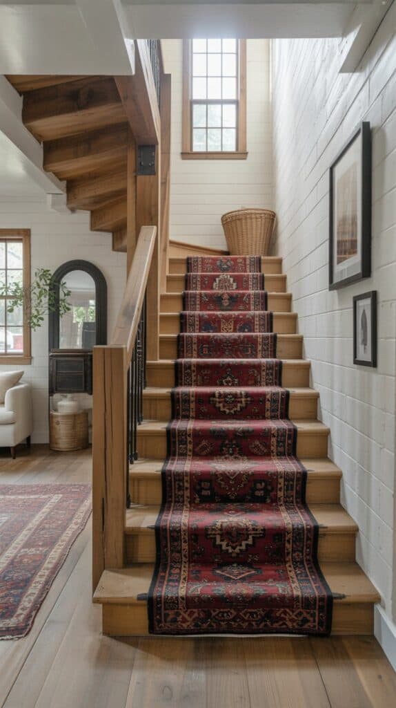 Reclaimed wood staircase with thick beams, black hardware, and a vintage rug runner.