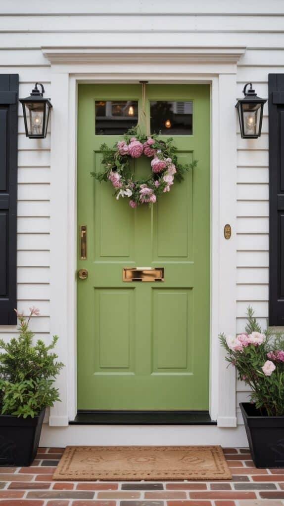Front entrance of a classic colonial-style home with a sage green door featuring a brass mail slot, handle, and two top glass panels. A pink and white floral wreath hangs on the door. Black lantern-style wall lights with brass details flank the door. The white vinyl siding and black shutters frame the scene. Two black planters with evergreens and pink flowers sit on a red brick porch, topped with a natural fiber doormat.