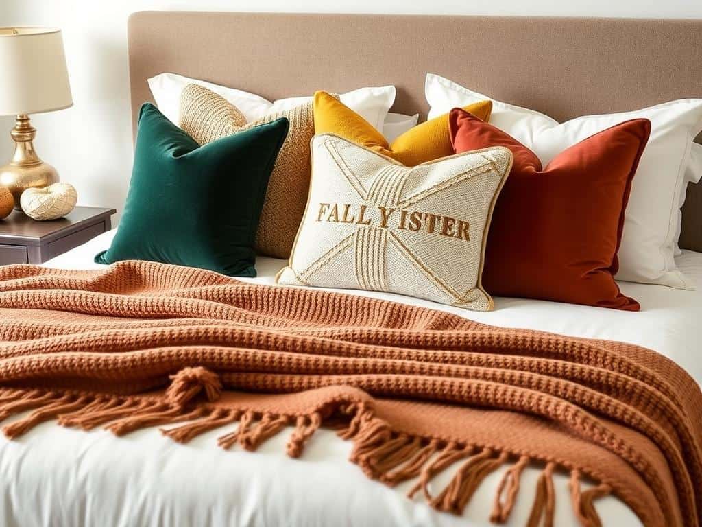 A bed styled with a throw blanket and coordinating decorative pillows in complementary fall colors