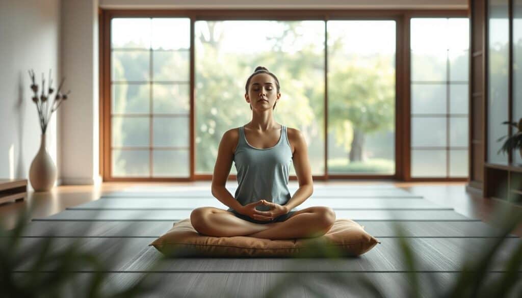 A calming scene of a person sitting cross-legged on a comfortable cushion, practicing deep breathing and mindfulness meditation. The foreground features their serene expression, eyes closed, hands resting gently on their lap. The middle ground showcases a minimalist, Zen-inspired interior, with a large window overlooking a tranquil garden. Soft, natural lighting filters in, creating a soothing atmosphere. The background depicts lush, verdant foliage and a serene, rippling pond, further enhancing the sense of tranquility and relaxation. Subtle camera angles and a shallow depth of field draw the viewer's attention to the subject's centered, grounded presence.