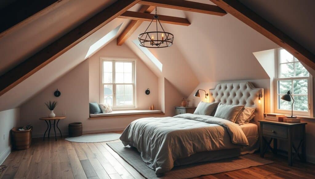 A cozy and inviting attic bedroom with slanted ceilings, bathed in warm, natural light from large dormer windows. The space features a plush, tufted headboard framed by exposed wooden beams, and a charming window nook with a cozy reading nook. Soft, textured bedding in muted tones complements the rustic wooden floors and vintage-inspired decor. Ambient lighting from wall sconces and a statement pendant fixture creates a serene, relaxing atmosphere. The room exudes a sense of comfort and tranquility, perfect for a dreamy, retreat-like atmosphere.