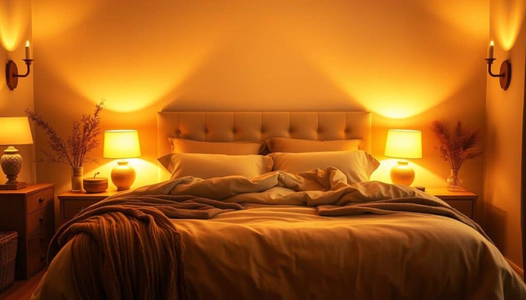 A cozy and inviting bedroom filled with warm, ambient lighting. The focal point is a large, plush bed with soft, luxurious bedding in natural tones. Strategically placed table lamps and wall sconces create a comforting glow, casting a gentle, golden hue throughout the space. The lighting is positioned to highlight the textures of the room, such as the woven throw blankets and the natural wood of the nightstands. Subtle shadows add depth and dimension, while the overall atmosphere evokes a sense of relaxation and coziness. The bedroom is set against a neutral, earthy color palette, with hints of warm accents to complement the lighting. The lighting is the star of the scene, creating a welcoming and tranquil environment.