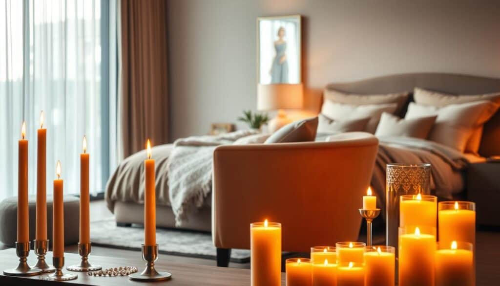 A cozy and inviting bedroom scene with a focus on a warm, ambient lighting design. In the foreground, a neatly arranged display of various sized candles - some tall and slender, others short and chunky - flickering softly, casting a gentle glow across the space. In the middle ground, a plush, oversized armchair upholstered in a rich, velvety fabric, positioned near a large, floor-to-ceiling window that allows natural light to filter in, creating a tranquil, relaxing atmosphere. The background features elegant, neutral-toned bedding, accented by soft, textured throws and pillows, evoking a sense of comfort and relaxation. The overall lighting is a harmonious blend of natural and artificial sources, creating a serene, intimate ambiance perfect for unwinding.