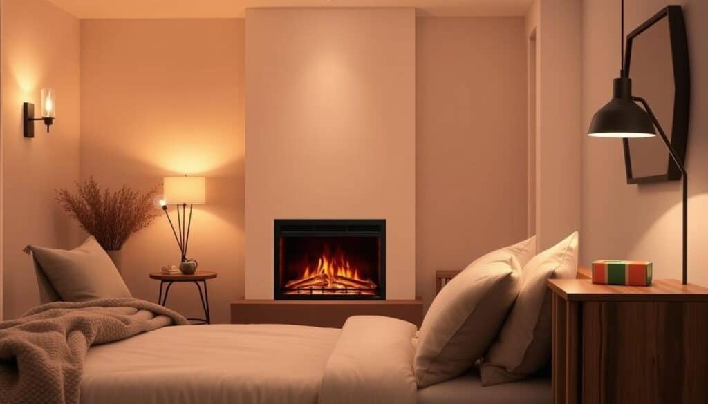 A cozy and inviting electric fireplace takes center stage in a well-appointed bedroom. The fireplace is set against a feature wall with elegant, minimalist decor, casting a warm, soft glow throughout the space. Plush, neutral-toned bedding and textiles create a serene and relaxing ambiance. Diffused lighting from stylish wall sconces and a sophisticated pendant lamp over a sturdy, wooden nightstand complement the fireplace's flames. The overall scene exudes a sense of comfort and tranquility, perfect for unwinding after a long day.