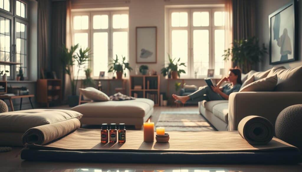 A cozy and inviting living room, bathed in warm, natural lighting from large windows. In the foreground, a person relaxes on a plush, oversized sofa, reading a book and sipping a steaming cup of tea. On the coffee table, a bowl of fresh fruit and a scented candle flicker, creating a calming ambiance. In the middle ground, a yoga mat is rolled out, accompanied by a set of aromatherapy oils and a meditation cushion. The background features potted plants, a bookshelf, and a few pieces of abstract art, conveying a sense of tranquility and self-reflection. The overall scene evokes a serene, rejuvenating atmosphere perfect for a relaxing 10-minute self-care routine.