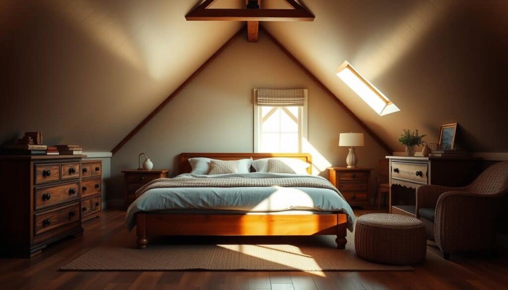 A cozy attic bedroom with a low profile bed frame in a warm, inviting atmosphere. The bed is the focal point, surrounded by a selection of complementary furniture pieces, including a dresser, nightstands, and a compact armchair. The space is bathed in soft, natural lighting filtering through a large, dormer window, casting a gentle glow over the scene. The furniture has a rustic, vintage-inspired aesthetic, blending seamlessly with the slanted ceilings and exposed beams of the attic space. Textures like weathered wood, linen, and woven accents create a harmonious, lived-in feel. The overall impression is one of tranquility, comfort, and thoughtful design, perfectly suited for a cozy attic bedroom retreat.