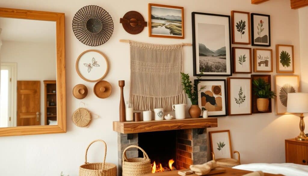 A cozy bedroom wall adorned with a variety of warm, rustic decor pieces. In the foreground, a large natural wood-framed mirror reflects the soft lighting, casting a gentle glow. Beneath it, a wooden wall-mounted shelving unit displays an assortment of decorative elements, from woven baskets to candles and potted plants. In the middle ground, a neutral-toned tapestry or woven wall hanging adds texture and visual interest. The background features a mix of framed artwork, ranging from abstract landscapes to botanical prints, arranged in a harmonious gallery-style layout. The overall mood is one of relaxation and comfort, perfectly complementing the warmth of a fireplace.