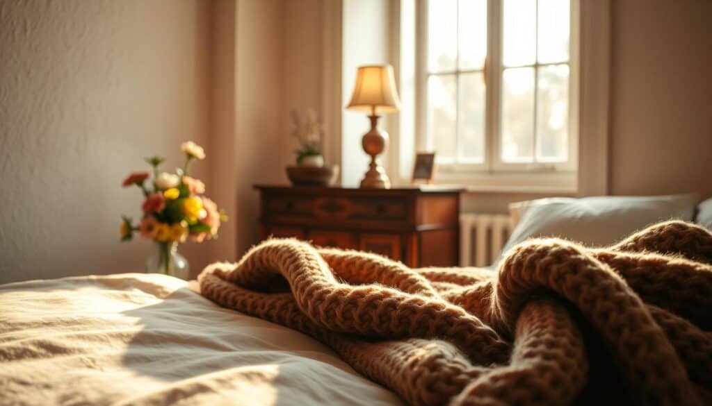 A cozy bedroom with a warm, fireplace-like atmosphere. Soft, diffused lighting illuminates the plush bedding, throwing gentle shadows across the room. In the foreground, a thick, knitted blanket invites relaxation, while a decorative vase of fresh flowers adds a touch of nature. In the middle ground, an antique wooden nightstand holds a vintage-style lamp, casting a golden glow. The background features textured walls and a large window, letting in just enough natural light to create a calming, serene ambiance. The overall scene evokes a sense of comfort and tranquility, perfect for unwinding and immersing oneself in the soothing sounds of a bedroom sound atmosphere.