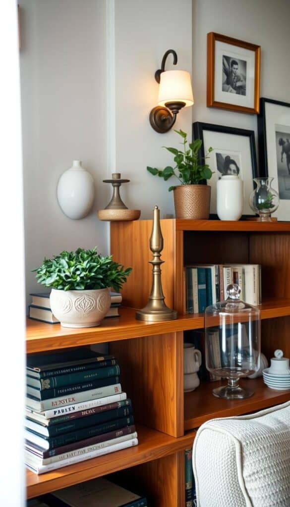 A cozy bookshelf with an array of decorative accents, artfully arranged on warm wooden shelves. In the foreground, a stack of vintage books, a lush potted plant, and a decorative ceramic vase. The middle ground showcases a brass candlestick, a small glass terrarium, and a delicate ceramic figurine. In the background, a wall-mounted sconce casts a soft, inviting glow, while a few framed artworks add visual interest. The lighting is natural and diffused, creating a serene, intimate atmosphere. The camera captures the scene at a slight angle, highlighting the layered textures and the harmonious blend of natural and decorative elements. A cozy bookshelf with an array of decorative accents, artfully arranged on warm wooden shelves. In the foreground, a stack of vintage books, a lush potted plant, and a decorative ceramic vase. The middle ground showcases a brass candlestick, a small glass terrarium, and a delicate ceramic figurine. In the background, a wall-mounted sconce casts a soft, inviting glow, while a few framed artworks add visual interest. The lighting is natural and diffused, creating a serene, intimate atmosphere. The camera captures the scene at a slight angle, highlighting the layered textures and the harmonious blend of natural and decorative elements.