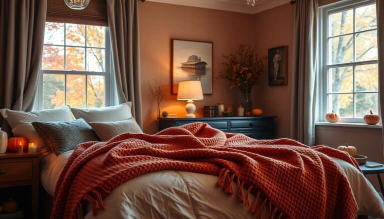 A cozy fall bedroom with a plush throw blanket draped over the corner of the bed, surrounded by autumn decor and warm lighting