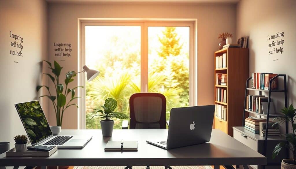 A cozy home office filled with productivity-boosting elements. In the foreground, a sleek, minimalist desk with a laptop, notebook, and a cup of coffee. Atop the desk, a potted plant and a small organizer tray for office supplies. The middle ground features an ergonomic office chair and a wall-mounted bookshelf brimming with inspiring self-help books. The background depicts a large window overlooking a lush, verdant garden, bathed in warm, natural lighting. Subtle motivational quotes are tastefully displayed on the walls, creating a calm and focused atmosphere. The overall scene conveys a sense of order, discipline, and a harmonious balance between work and personal well-being.