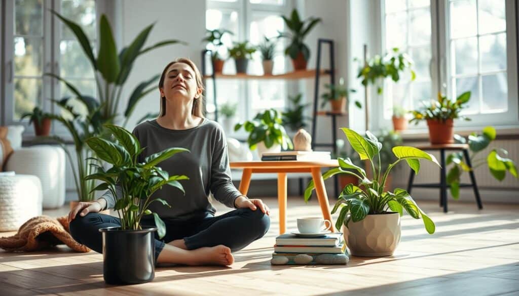 A cozy living room scene with natural light streaming through large windows. In the foreground, a person sits cross-legged on the floor, their eyes closed in meditation, surrounded by lush indoor plants in decorative pots. The middle ground features a small wooden table with a cup of tea, a book, and a handful of smooth stones. In the background, shelves display more potted plants, creating a serene, nature-inspired atmosphere. The overall mood is calming and restorative, inviting the viewer to take a moment of relaxation and mindfulness.