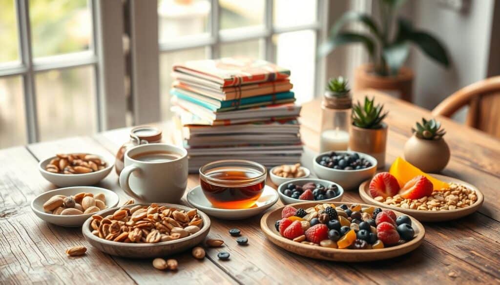 A cozy still life showcasing a variety of wholesome snacks laid out on a rustic wooden table. In the foreground, an assortment of raw nuts, seeds, dried fruits, and fresh berries are arranged in small bowls and plates, complemented by a steaming mug of herbal tea. The middle ground features a stack of colorful, hand-drawn notebooks and a few self-care items like a scented candle, a crystal, and a small succulent plant. The background is softly blurred, creating a sense of warmth and tranquility, with natural light filtering in from a large window. The overall mood is one of nourishment, mindfulness, and self-love.