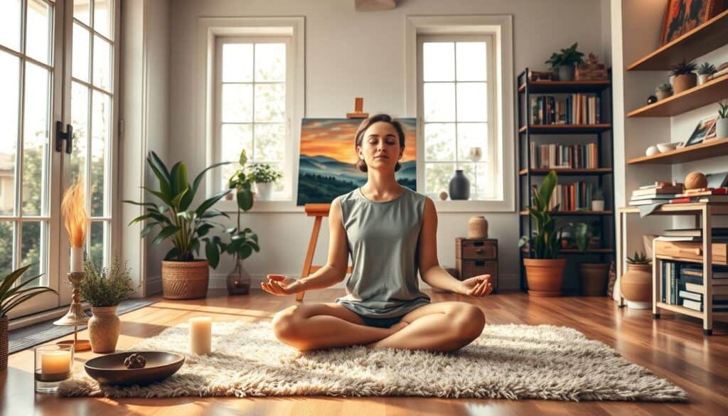 A cozy, well-lit home studio with an abundance of natural light streaming through large windows. In the foreground, a person sits cross-legged on a plush rug, eyes closed in deep meditation, surrounded by an array of calming elements - a flickering candle, a bowl of fragrant incense, and a tranquil houseplant. In the middle ground, an easel displays a vibrant painting of a serene landscape, while in the background, shelves hold a collection of books, crystals, and other mindfulness-enhancing objects. The overall atmosphere is one of peaceful introspection, digital detachment, and a reconnection with the senses.