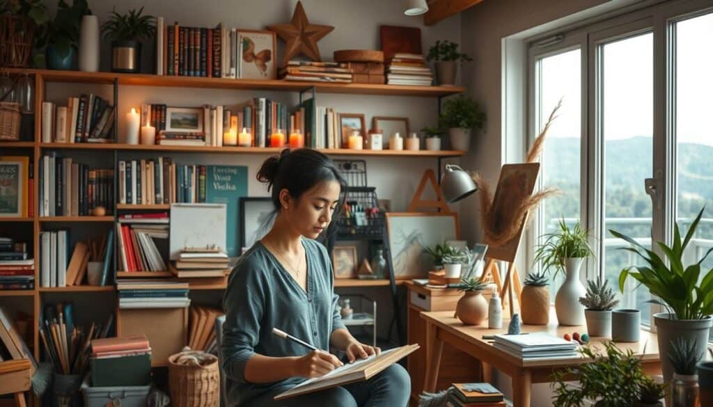 A cozy, well-lit studio space filled with various art supplies, craft materials, and relaxing elements. In the foreground, a person is engaged in a mindful activity like sketching, painting, or sculpting, their face serene and focused. In the middle ground, shelves display an array of inspiring books, scented candles, and small potted plants. The background features a large window overlooking a tranquil, natural landscape, with soft, diffused sunlight streaming in. The overall atmosphere is calming, therapeutic, and conducive to creative self-care practices that nourish the mind and soul.