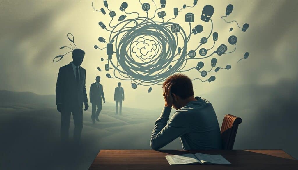 A detailed illustration depicting the psychological causes of procrastination. In the foreground, a figure sits at a desk, hands on their head, overwhelmed by a swirling vortex of thoughts and emotions. In the middle ground, shadowy figures representing anxiety, fear of failure, and lack of motivation loom. The background is a hazy, dreamlike landscape, suggesting the cognitive dissonance and mental blocks that contribute to procrastination. Soft, muted lighting casts a pensive, introspective mood. The composition is cinematic, with a wide angle lens and dramatic depth of field, inviting the viewer to immerse themselves in the complex psychological landscape.