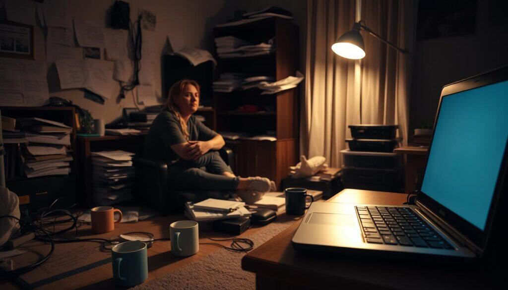 A dimly lit home office, cluttered with disorganized papers, half-empty coffee mugs, and a tangle of cables. In the foreground, a laptop sits open but neglected, the screen dimly lit. A person, slumped in a chair, appears distracted and unengaged, their gaze distant. The atmosphere is one of malaise and stagnation, highlighting the telltale signs of laziness that undermine daily productivity. Soft, warm lighting casts long shadows, adding to the sense of lethargy and inertia. The overall composition conveys the heavy burden of procrastination and the struggle to overcome the inertia of laziness.