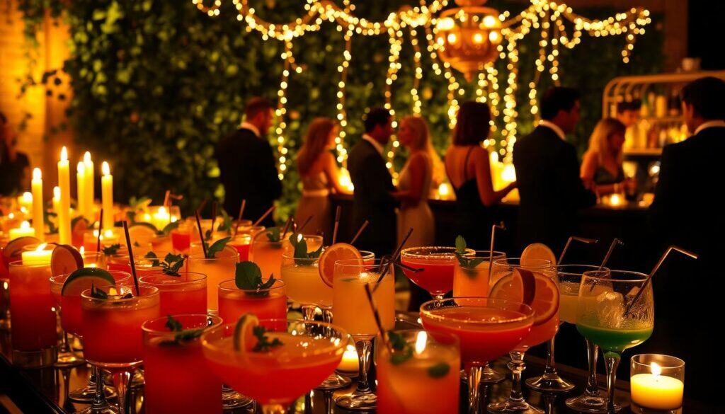 A lavish cocktail party setting with a themed ambiance. In the foreground, an elegantly arranged spread of colorful cocktails, garnished with citrus slices, herbs, and skewered fruits. Dimly lit candlelight flickers across the scene, casting a warm, inviting glow. In the middle ground, guests in formal attire mingle and chat, their silhouettes and expressions subtly visible. The background features a lush, decorative backdrop, such as a wall of trailing vines, twinkling string lights, or a vintage-inspired bar setup. The overall atmosphere is one of sophistication, elegance, and a touch of whimsy, perfectly capturing the essence of a themed cocktail party.