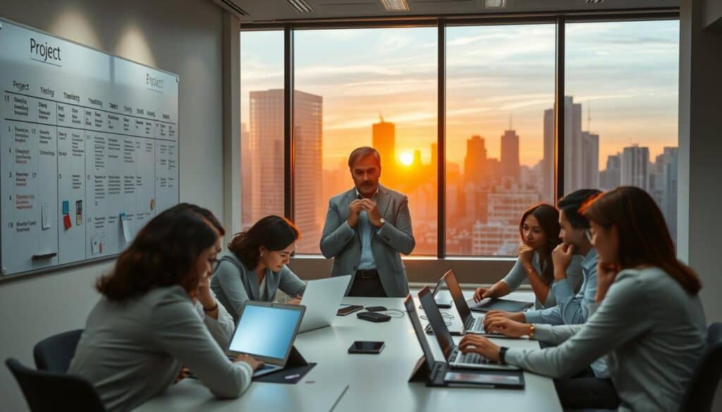 A modern, well-lit office space with a large wall-mounted whiteboard displaying a project timeline and various task notes. In the foreground, a team of professionals huddle around a conference table, engaged in an intense discussion, their faces illuminated by the glow of their laptops. The middle ground features an executive overseeing the meeting, hands clasped, a pensive expression on their face. In the background, a large window overlooking a bustling city skyline, the setting sun casting a warm, golden hue across the scene. The overall atmosphere conveys a sense of urgency and productivity, reflecting the critical role of deadlines in effective project management.