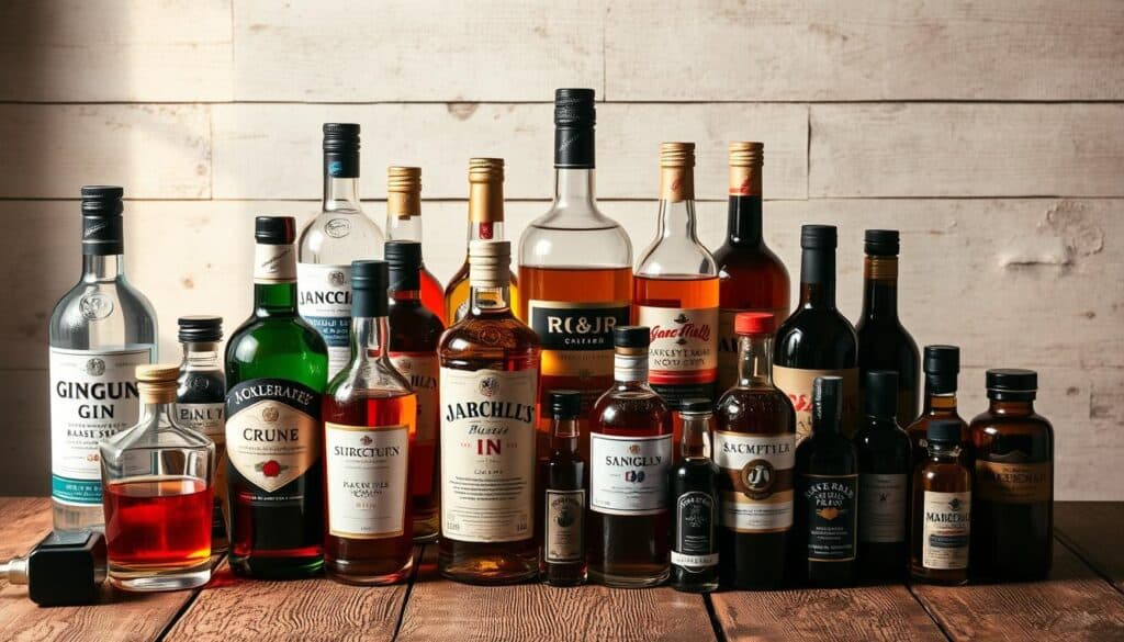 A neatly arranged still life showcasing an assortment of essential cocktail base spirits and modifiers, meticulously displayed on a rustic wooden surface. In the foreground, bottles of gin, vodka, rum, and whiskey stand proudly, their labels visible. Surrounding them, an array of aperitifs, bitters, and syrups in varying hues create a visually striking composition. The lighting is soft and warm, casting gentle shadows that accentuate the textures and shapes of the bottles. The image conveys a sense of refinement and expertise, perfectly capturing the essence of "Mastering the Essentials of Cocktail Crafting".