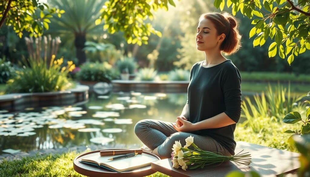 A peaceful scene of a person sitting in a serene garden, surrounded by lush greenery and a calming pond. Sunlight filters through the leaves, casting a warm glow on the scene. The person is practicing mindful meditation, hands resting gently in their lap, eyes closed as they focus on their breath. Beside them, a small table holds a journal, a pen, and a few fresh flowers, symbolizing the act of gratitude and self-reflection. The overall atmosphere is one of tranquility and inner harmony, inviting the viewer to find their own moments of gratitude and mental wellness.