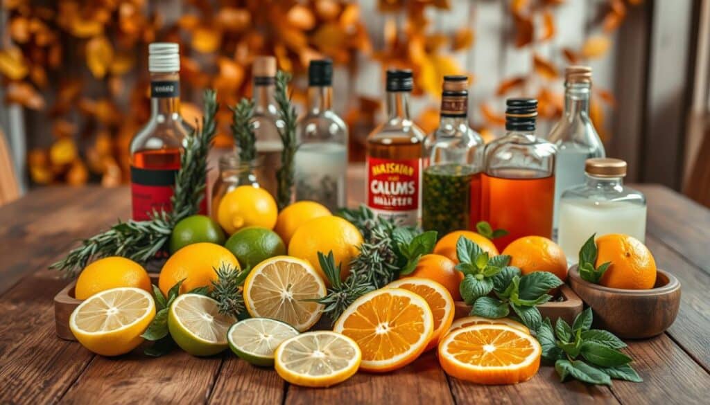 A rustic wooden table set with an array of seasonal cocktail ingredients. In the foreground, an assortment of fresh citrus fruits, including sliced limes, lemons, and oranges, arranged artfully. In the middle ground, various botanicals such as sprigs of rosemary, thyme, and mint, alongside glass bottles filled with amber liquors and clear mixers. The background features a backdrop of autumn leaves and a softly lit, cozy atmosphere, creating a warm and inviting scene for crafting signature cocktails.