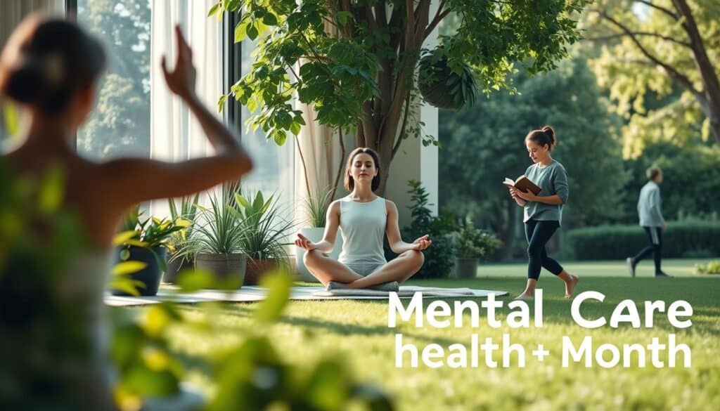 A serene and tranquil scene depicting various self-care activities for mental health month. In the foreground, a person engages in gentle yoga or stretching, surrounded by lush greenery and natural light filtering through. In the middle ground, a person meditates in a comfortable position, eyes closed, achieving a state of mindfulness. In the background, a person reads a book while sipping a warm beverage, and another person takes a leisurely walk outdoors. The overall atmosphere is one of calmness, balance, and rejuvenation, conveying the importance of physical and mental well-being.