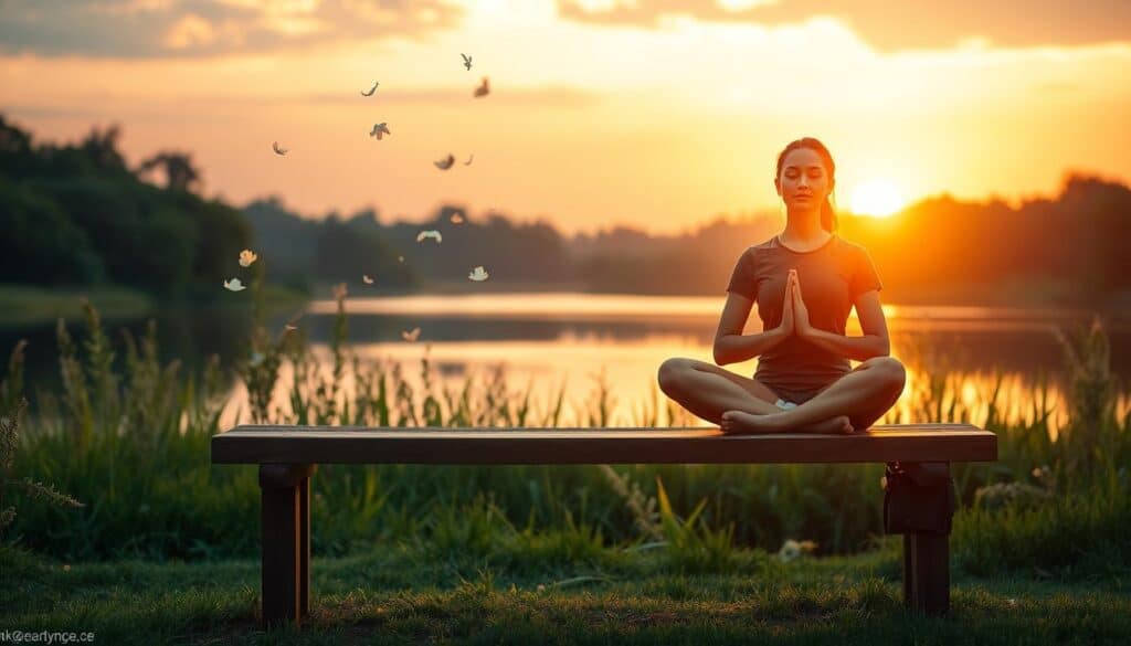 A serene landscape with a wooden bench in the foreground, surrounded by lush greenery and a warm, golden sunset. On the bench, a person sits cross-legged, eyes closed, hands resting on their lap, deep in a meditative pose. Soft, diffused lighting creates a calming atmosphere, as delicate flower petals drift gently in the air. In the background, a tranquil lake reflects the vibrant colors of the sky, creating a sense of peace and balance. The scene evokes a feeling of gratitude, self-reflection, and inner calm.