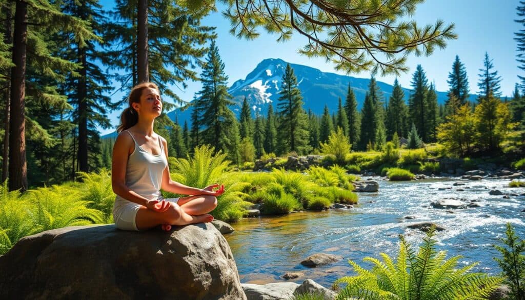 A serene outdoor scene of a person engaged in various nature-inspired self-care activities. In the foreground, a woman sits on a large boulder, her eyes closed as she practices mindful meditation, surrounded by a lush forest of towering evergreens and verdant ferns. The middle ground features a babbling brook, its crystal-clear waters reflecting the dappled sunlight filtering through the canopy above. In the background, a picturesque mountain range rises majestically, its snow-capped peaks touching the azure sky. The overall atmosphere is one of tranquility and rejuvenation, capturing the essence of finding solace and healing in the embrace of nature.
