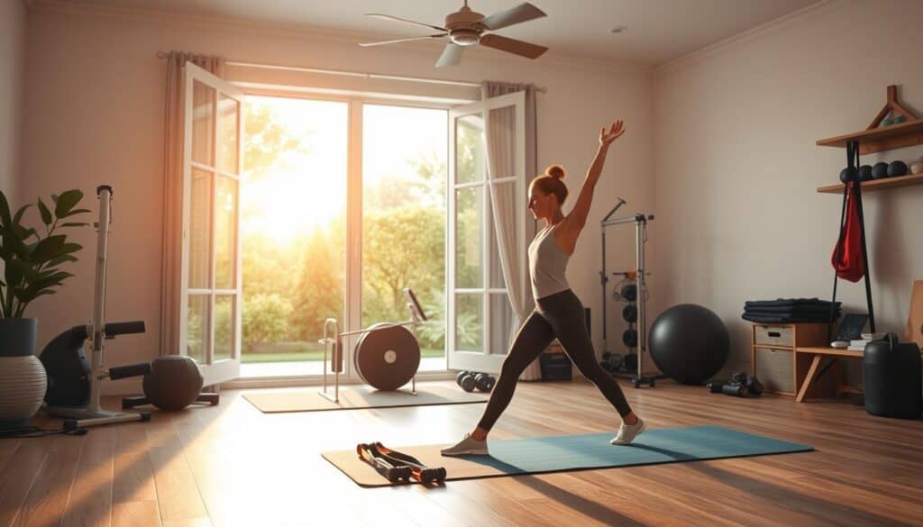 A serene, well-lit home gym filled with a variety of workout equipment. In the foreground, a person performs a series of dynamic stretches, their movements graceful and focused. In the middle ground, a yoga mat and resistance bands lie ready for a quick strength training routine. The background features an open window overlooking a lush, tranquil garden, bathed in the warm glow of the afternoon sun. The overall atmosphere is one of calm, rejuvenation, and a sense of personal empowerment through physical self-care.