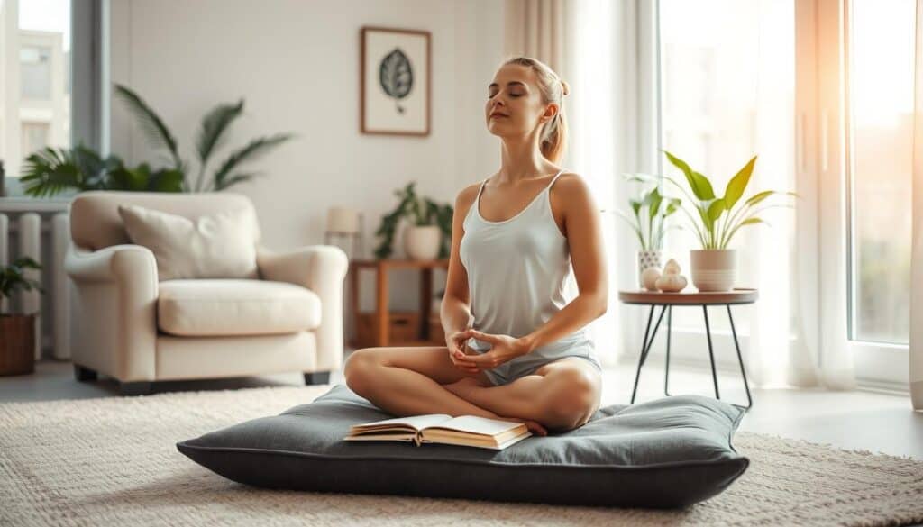 A serene, well-lit home interior with soft natural lighting filtering through large windows. In the foreground, a cozy living space with a plush armchair, a meditation cushion, and a small side table displaying various self-care items such as a scented candle, a journal, and a crystal. In the middle ground, a person seated cross-legged on the meditation cushion, eyes closed, practicing mindful breathing. The background features a minimalist, soothing color palette with plants and wall art that promote a sense of calm and relaxation. The overall atmosphere conveys a tranquil, rejuvenating daily routine focused on mental wellness.