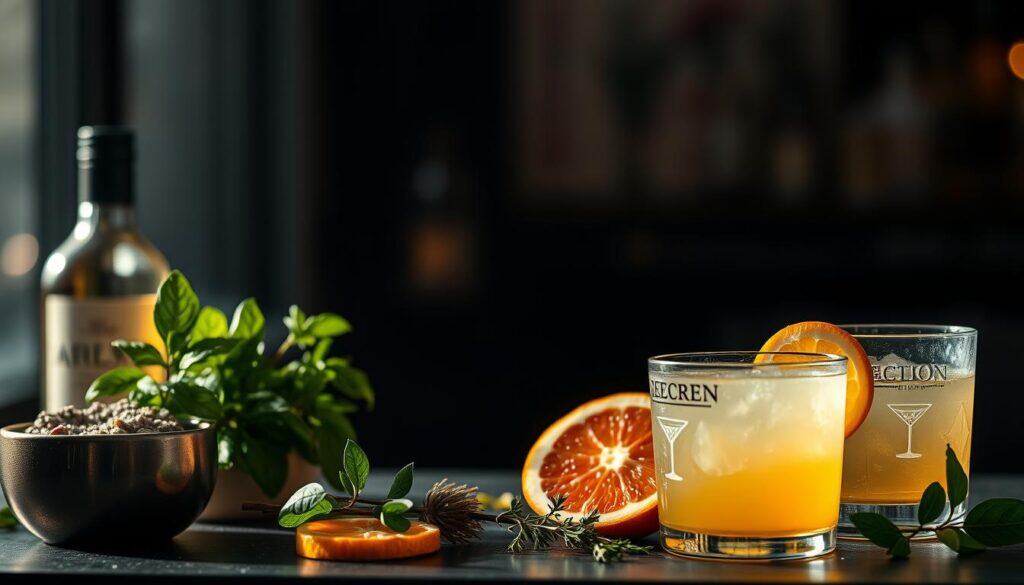 A sleek, minimalist cocktail menu design with elegant typography and a sophisticated color palette. The foreground features a carefully curated selection of cocktail ingredients and garnishes, including fresh citrus slices, fragrant herbs, and premium spirits. The middle ground showcases a series of simple, hand-drawn cocktail illustrations, capturing the essence of each drink. The background is a soft, blurred gradient, allowing the menu elements to stand out prominently. The lighting is soft and moody, creating a warm, inviting atmosphere, as if captured by a high-quality camera lens. The overall composition exudes a sense of refinement and attention to detail, perfectly suited for a stylish cocktail party or event.