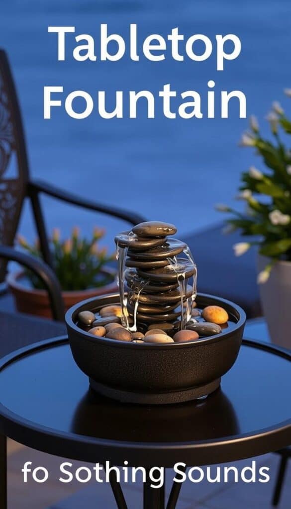 A small tabletop fountain creating peaceful water sounds on a patio table A small tabletop fountain creating peaceful water sounds on a patio table