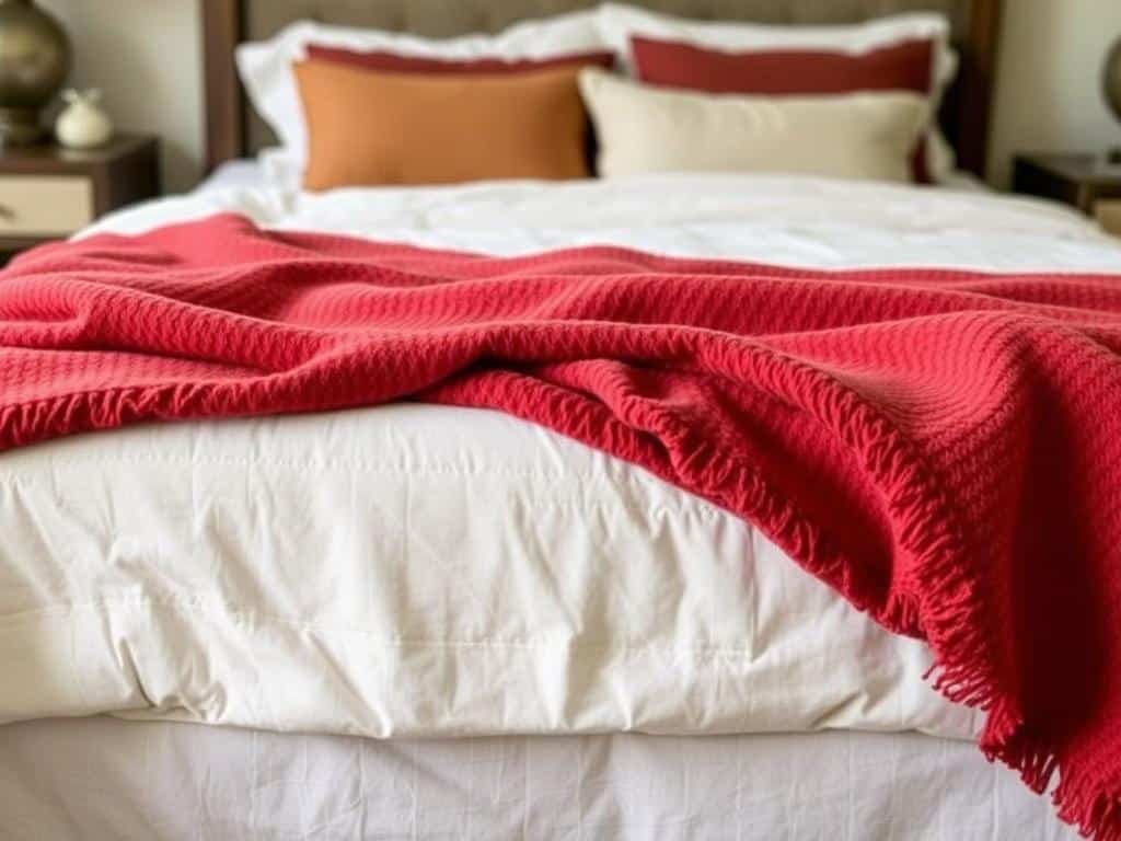 A throw blanket artfully draped across the foot of a bed with intentional folds showing texture
