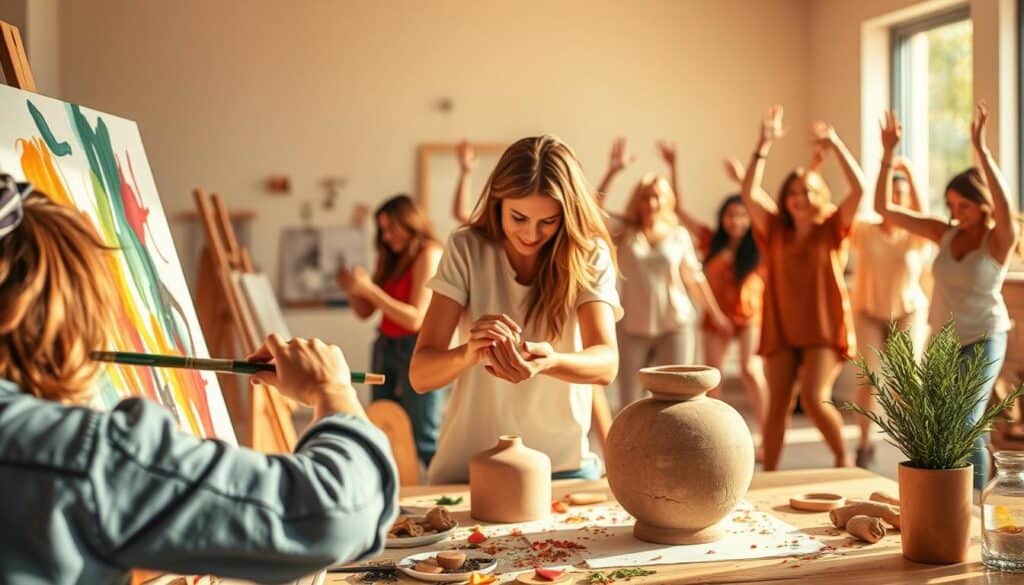 A vibrant, colorful scene depicting various stress relief activities through creative expression. In the foreground, a person engrossed in painting, their brushstrokes flowing with energy. In the middle ground, another individual sculpting clay, their hands molding the material with focused intensity. In the background, a group of people engaging in an uplifting dance routine, their movements graceful and liberating. Warm, natural lighting illuminates the scene, creating a sense of warmth and rejuvenation. The overall atmosphere is one of tranquility, joy, and a celebration of the healing power of creative pursuits.