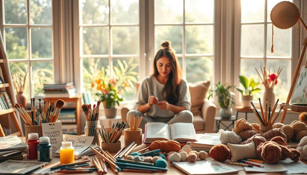 A vibrant, well-lit studio setting with an assortment of creative self-care items arranged artfully in the foreground - paints, brushes, coloring books, sketchpads, yarn, clay, and other crafting materials. In the middle ground, a person seated comfortably, immersed in a hands-on creative activity, their face expressing a sense of calm and focus. The background features large windows overlooking a lush, natural landscape, bathing the scene in warm, diffused sunlight. The overall mood is one of serenity, inspiration, and the restorative power of creative expression for mental wellbeing.