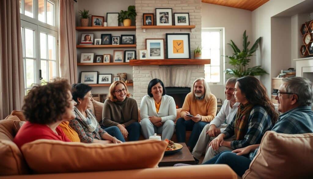A warm and inviting living room with plush furniture and natural light streaming through large windows. In the foreground, a group of people of diverse ages and backgrounds are engaged in lively conversation, their faces lit by genuine smiles. Shelves in the middle ground display framed photographs, artwork, and books, creating a sense of community and personal connection. The background features a cozy fireplace with a gentle flame, adding to the overall feeling of comfort and relaxation. The scene conveys the importance of social interactions and meaningful relationships in promoting mental well-being and self-care.