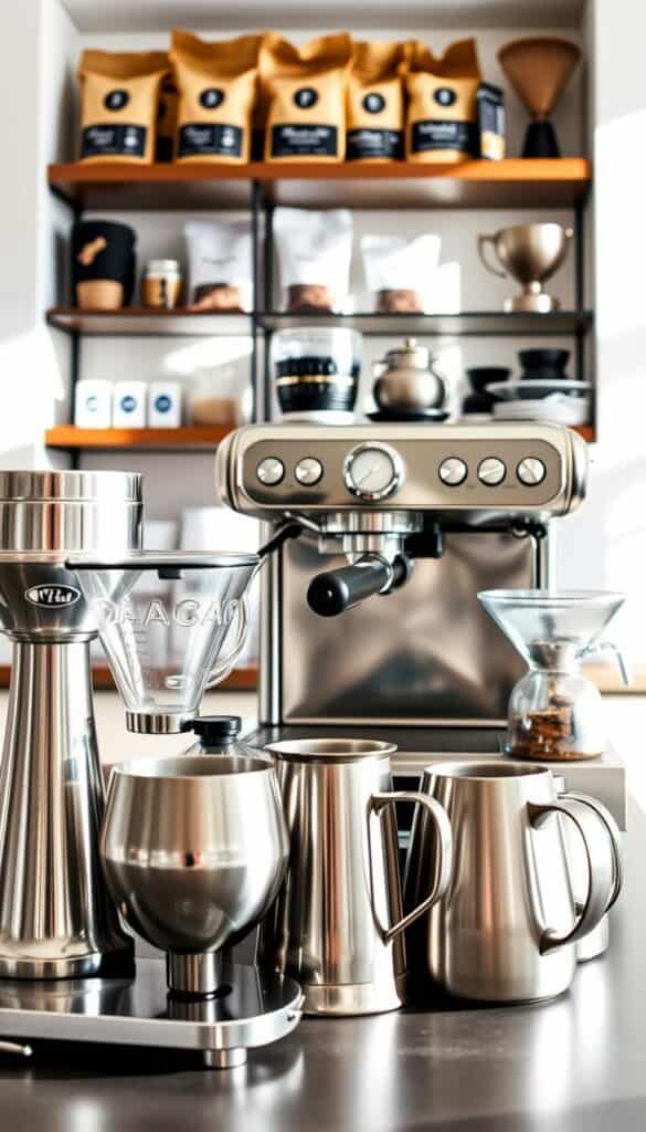 A well-equipped home barista setup against a bright, natural light-filled background. In the foreground, an array of polished, stainless steel brewing accessories including a precision coffee scale, a gooseneck kettle, and a burr grinder. In the middle ground, a gleaming espresso machine with a steam wand and a selection of coffee mugs. The background features minimalist shelving displaying a range of whole bean coffee bags, a pour-over coffee maker, and other thoughtfully curated brewing tools. The scene exudes a sense of calm focus and the promise of a delightful, artisanal coffee experience.