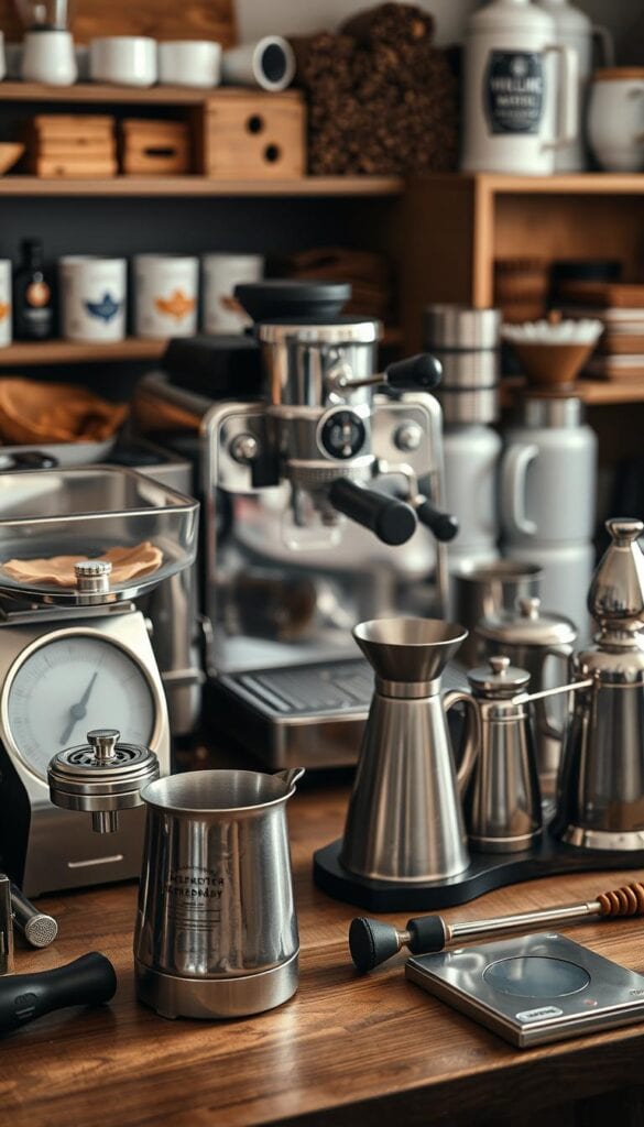 A well-lit, close-up scene of an assortment of specialty coffee tools and espresso machine accessories arranged on a wooden table. In the foreground, an intricate hand grinder, a sleek milk frothing pitcher, and a precision tamper sit alongside a vintage-style scale. In the middle ground, a polished espresso machine flanked by a set of stainless steel milk jugs and a manual coffee press. The background features a selection of high-quality coffee beans, a collection of artisanal mugs, and a pour-over dripper. The overall mood is one of carefully curated, professional-grade coffee gear, capturing the essence of a dedicated home coffee station.