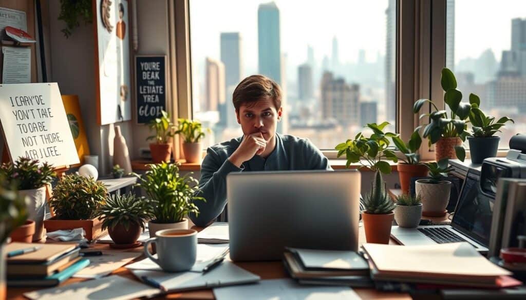 A workspace filled with inspirational objects, overcrowding the foreground - potted plants, motivational quotes, a cup of coffee, scattered papers, and a laptop with an unfinished task. In the middle ground, a person sitting at the desk, contemplating their next move, brow furrowed in deep thought. The background is slightly blurred, a window overlooking a bustling cityscape, suggesting the distractions and demands of everyday life. Warm, natural lighting filters through, creating a sense of focus and determination. The overall mood is one of a person actively engaged in overcoming their procrastination, searching for strategies to get back on track.