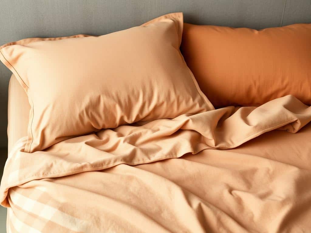 Bed made with cozy flannel sheets in a fall plaid or solid autumn color