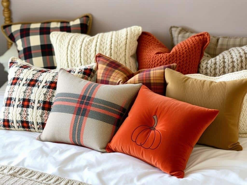Bed with various fall-themed throw pillows in different textures