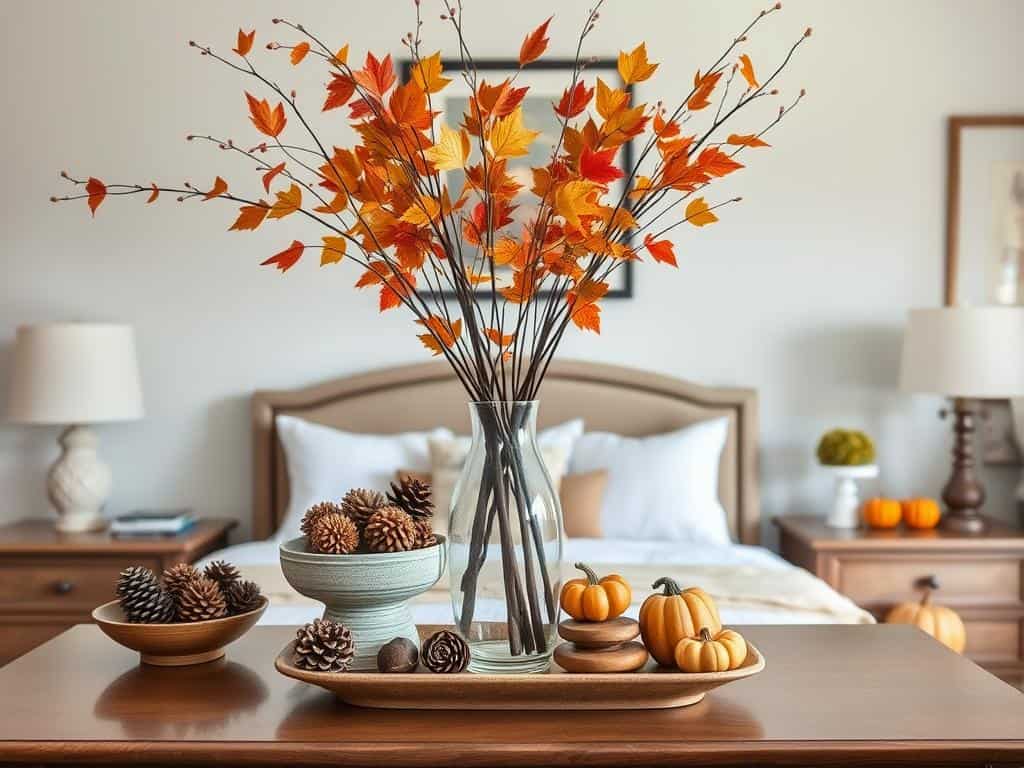 Bedroom decorated with natural fall elements like branches, pinecones, and dried leaves