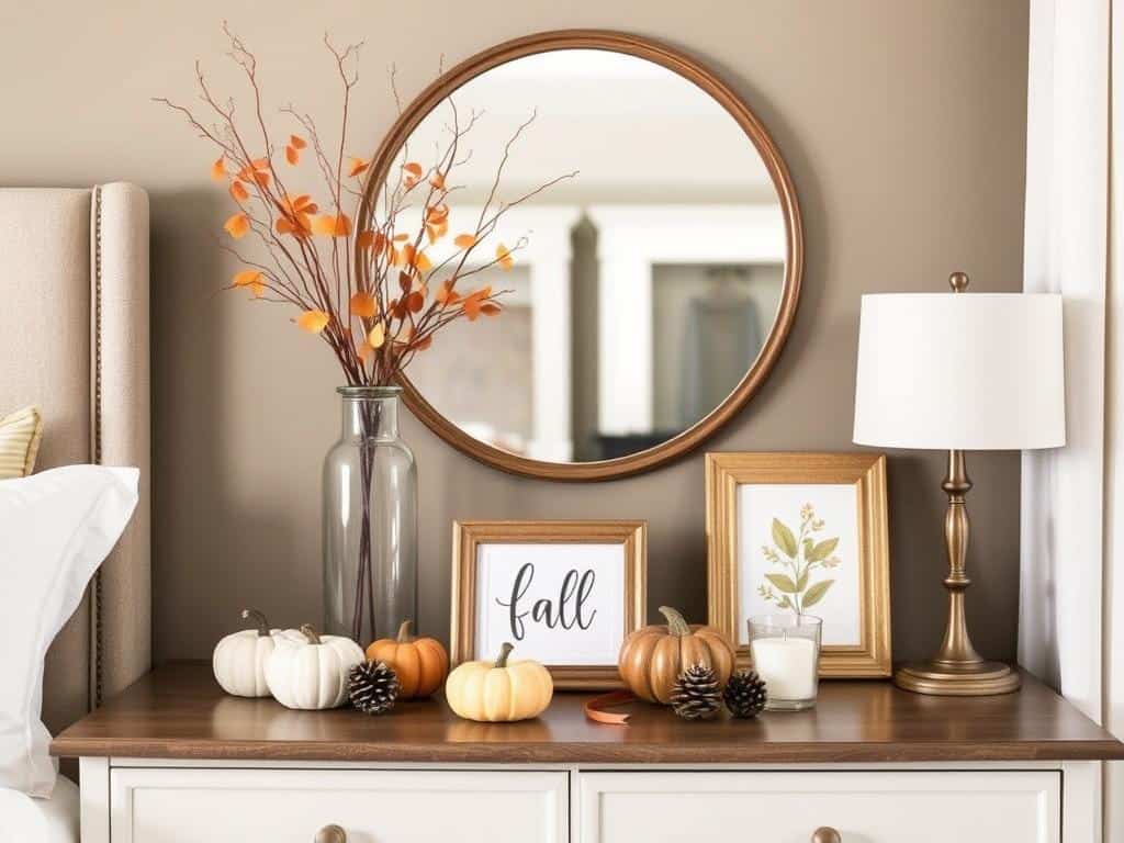 Bedroom dresser styled with a curated collection of fall decor items