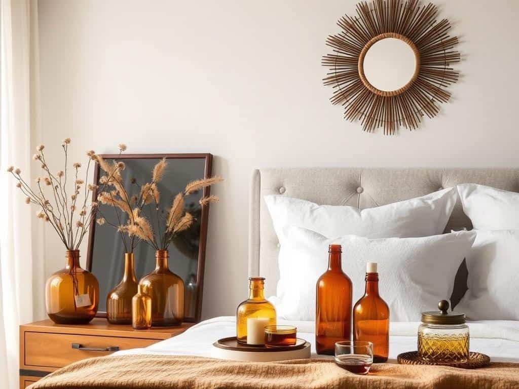 Bedroom featuring amber glass vases, bottles, and containers as fall decor