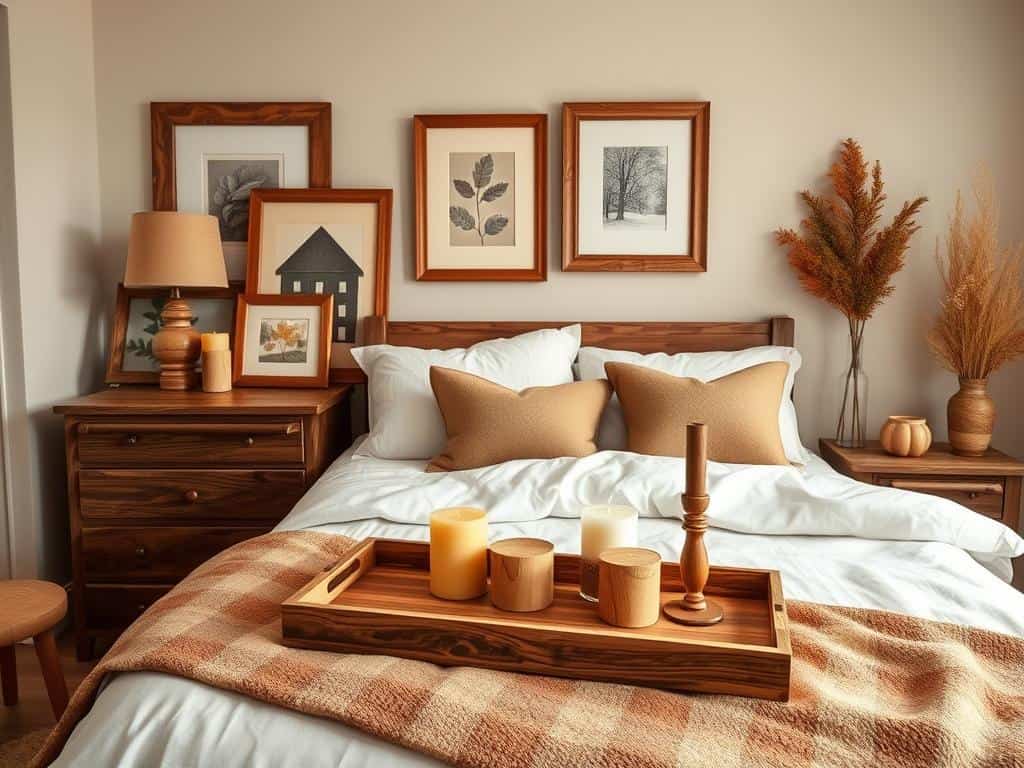 Bedroom featuring wooden decor elements like trays, picture frames, and small furniture