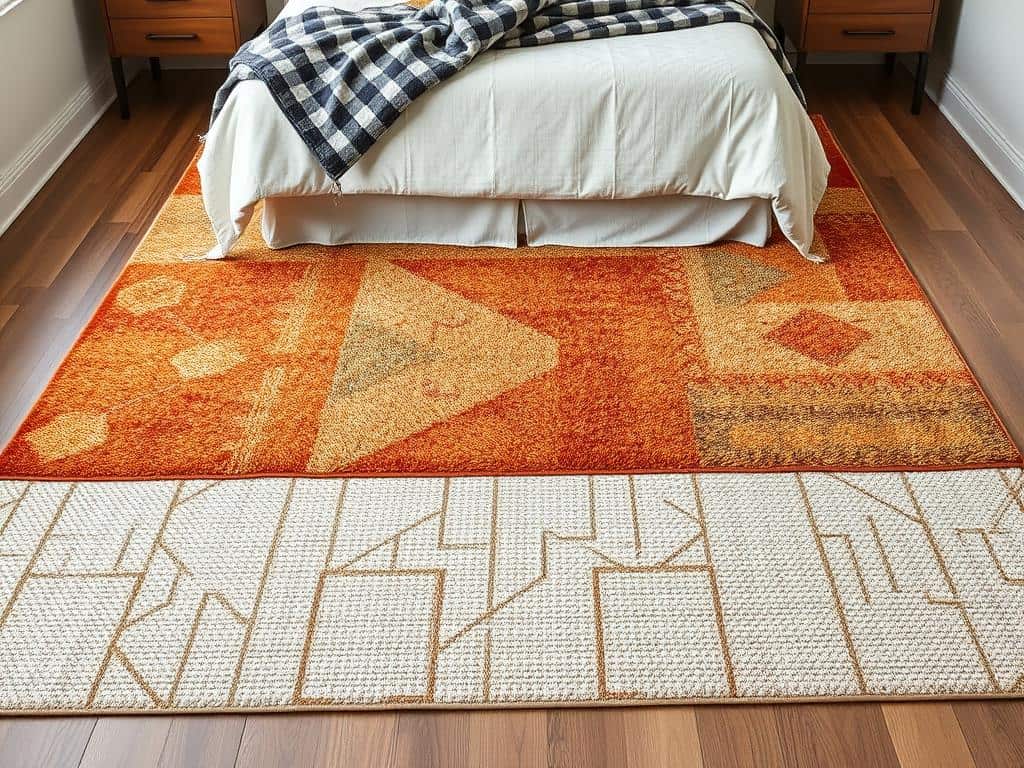 Bedroom floor with layered area rugs in complementary fall colors and textures