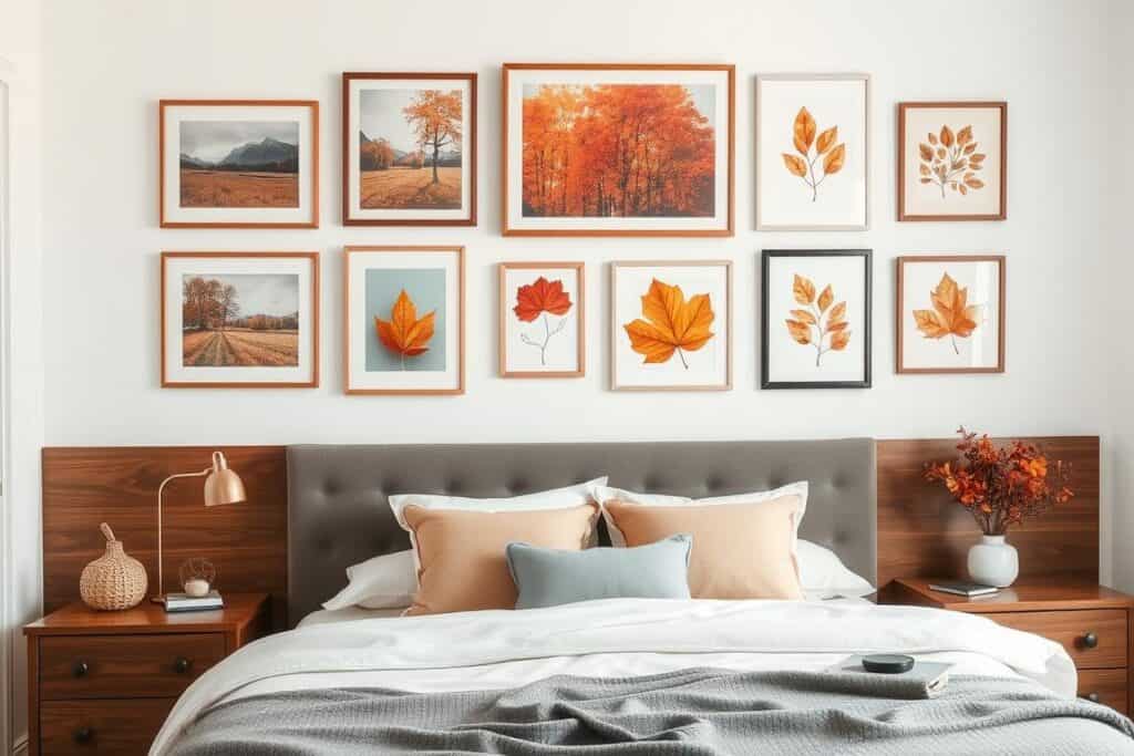 Bedroom wall with fall-themed artwork in warm autumn colors